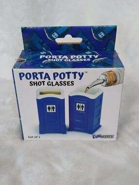 2 Porta Potty Toilet Novelty Shot Glasses Glass Funwares NIB White Elephant F